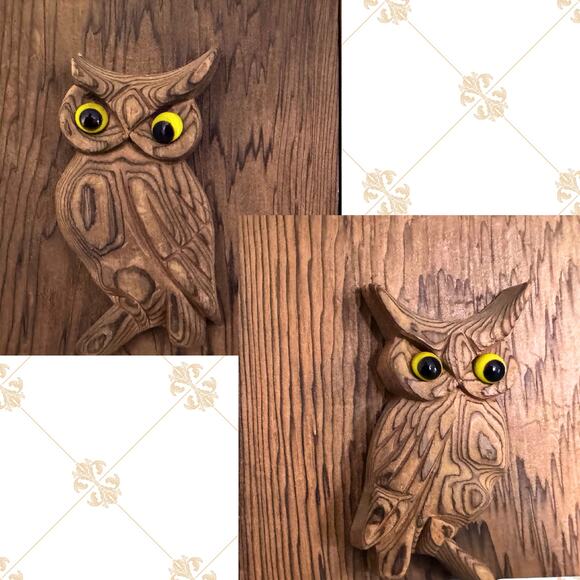 Mid-Century Rustic Carved Owls with Googly Eyes | Vintage Wooden Owl Bookends | - Picture 1 of 10